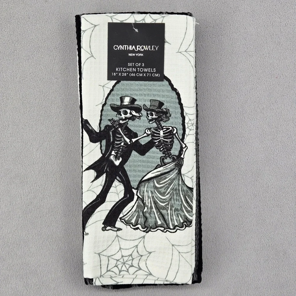 Cynthia Rowley NWT 18x28 Kitchen Towel Set 3 Skeleton Dancing Gothic Halloween